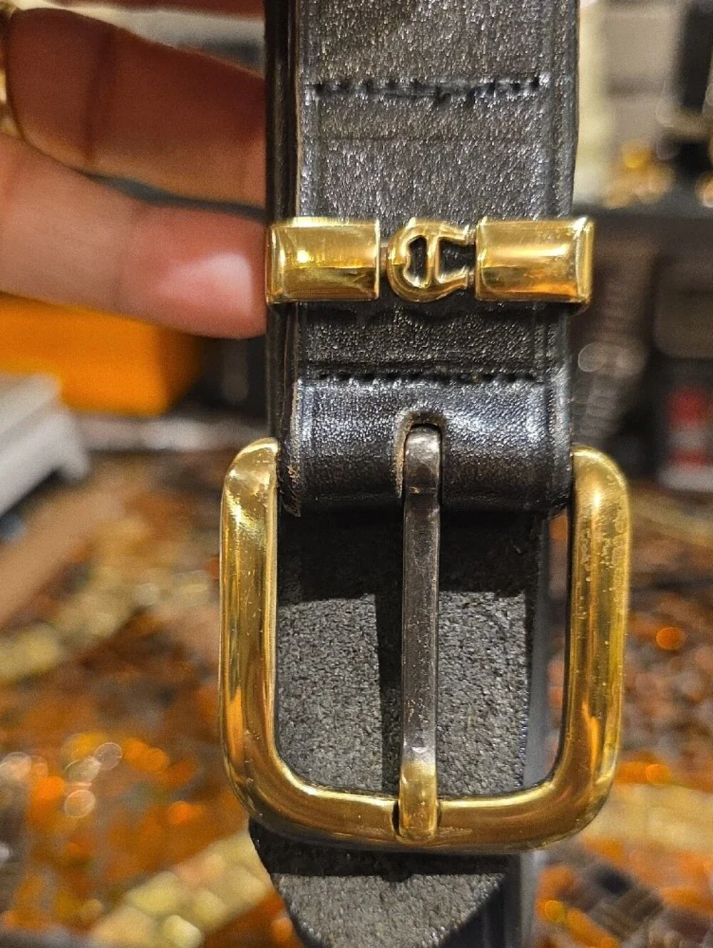 Etienne Aigner Black Leather Belt with Gold Hardware